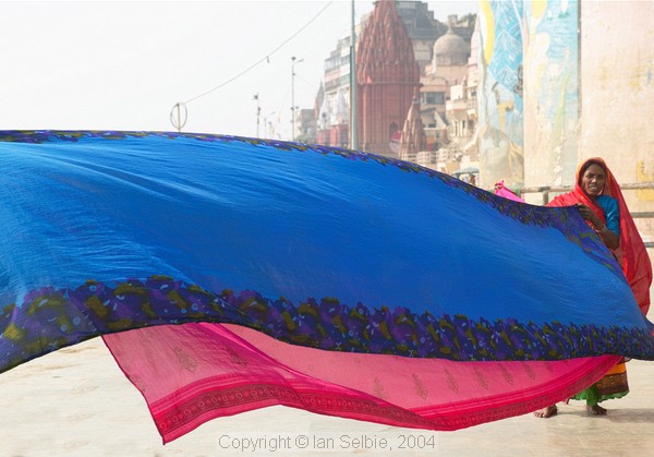 Drying saris on the Ghats after washing in the Ganges, Varanasi