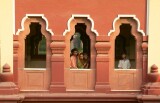 Visitors looking out of the temple, Delhi