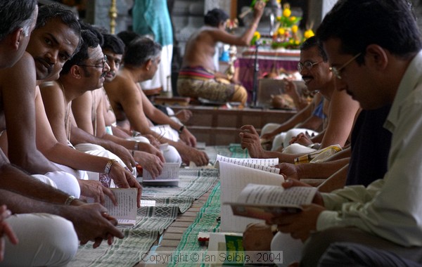 Studying texts at celebration of the Full Moon at Sri Senpaga Vinayagar Temple, Ceylon Road, Singapore