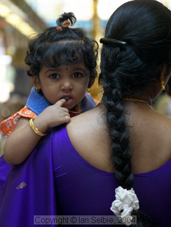 Cild and her mother on the birthday of Lord Ganesha at Sri Senpaga Vinayagar Temple, Ceylon Road, Singapore