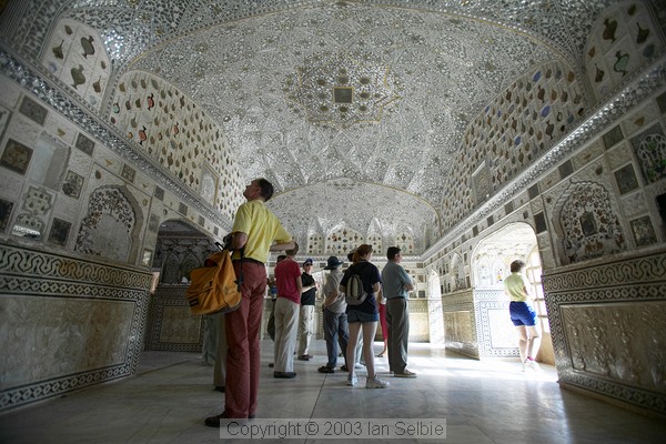 Looking up at the reflective tiles in appartment ceiling, Amber Palace, Jaipur