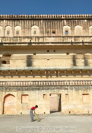 Man sweeping the inner courtyard, Amber Palace, Jaipur